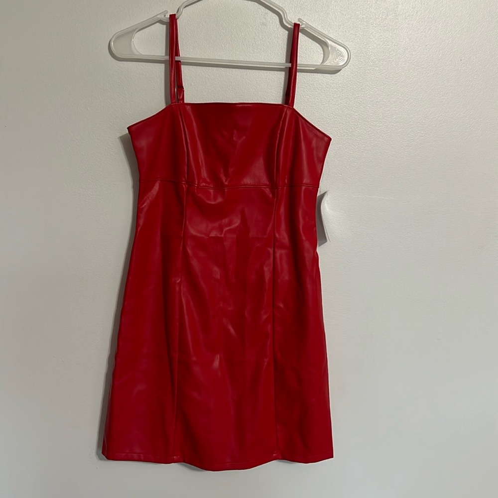 Faux, red leather dress